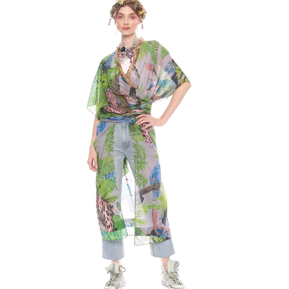 Aratta Wild Nights Maxi Kimono NWT Leopard Bird Print Boho Duster